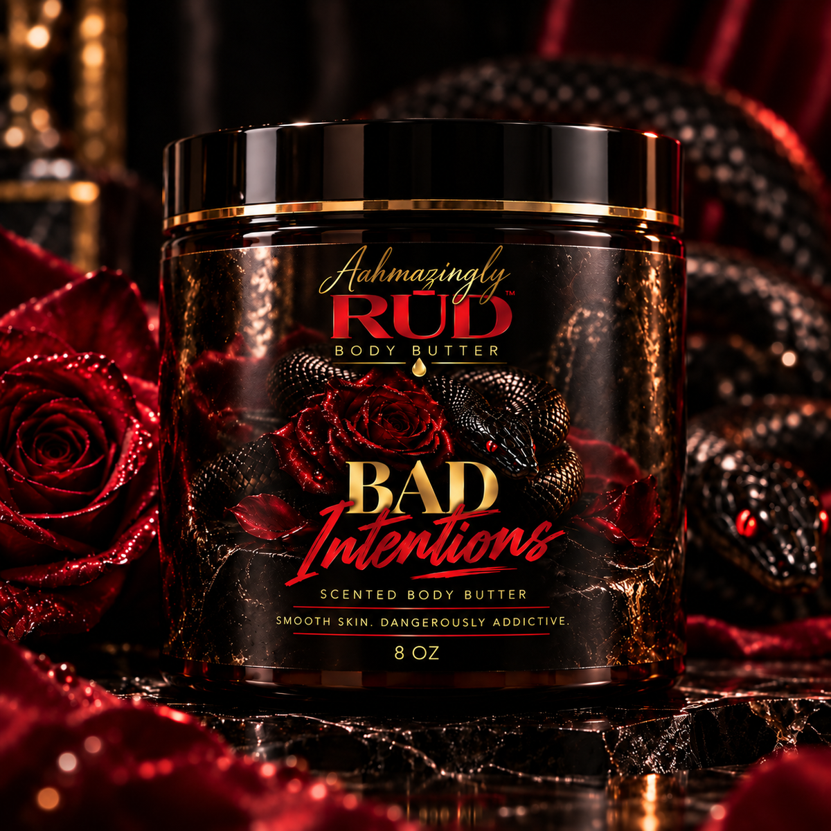 Aahmazingly RŪD Bad Intentions 8 oz Body Butter with black snake and dark red rose artwork