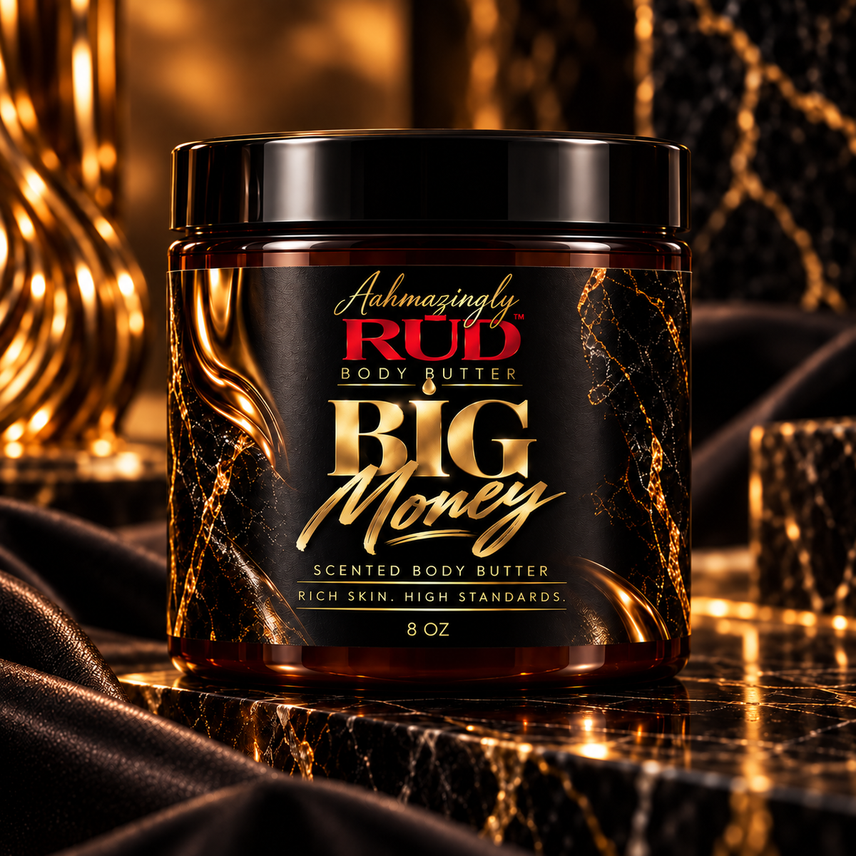 Aahmazingly RŪD Big Money 8 oz Body Butter in black and gold packaging